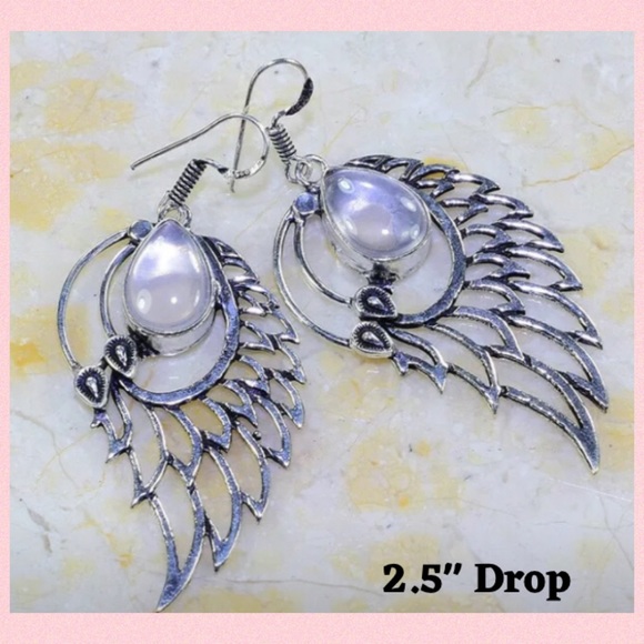 Rose Quartz Gemstone Angel Wings Dangle Earrings - Picture 2 of 3
